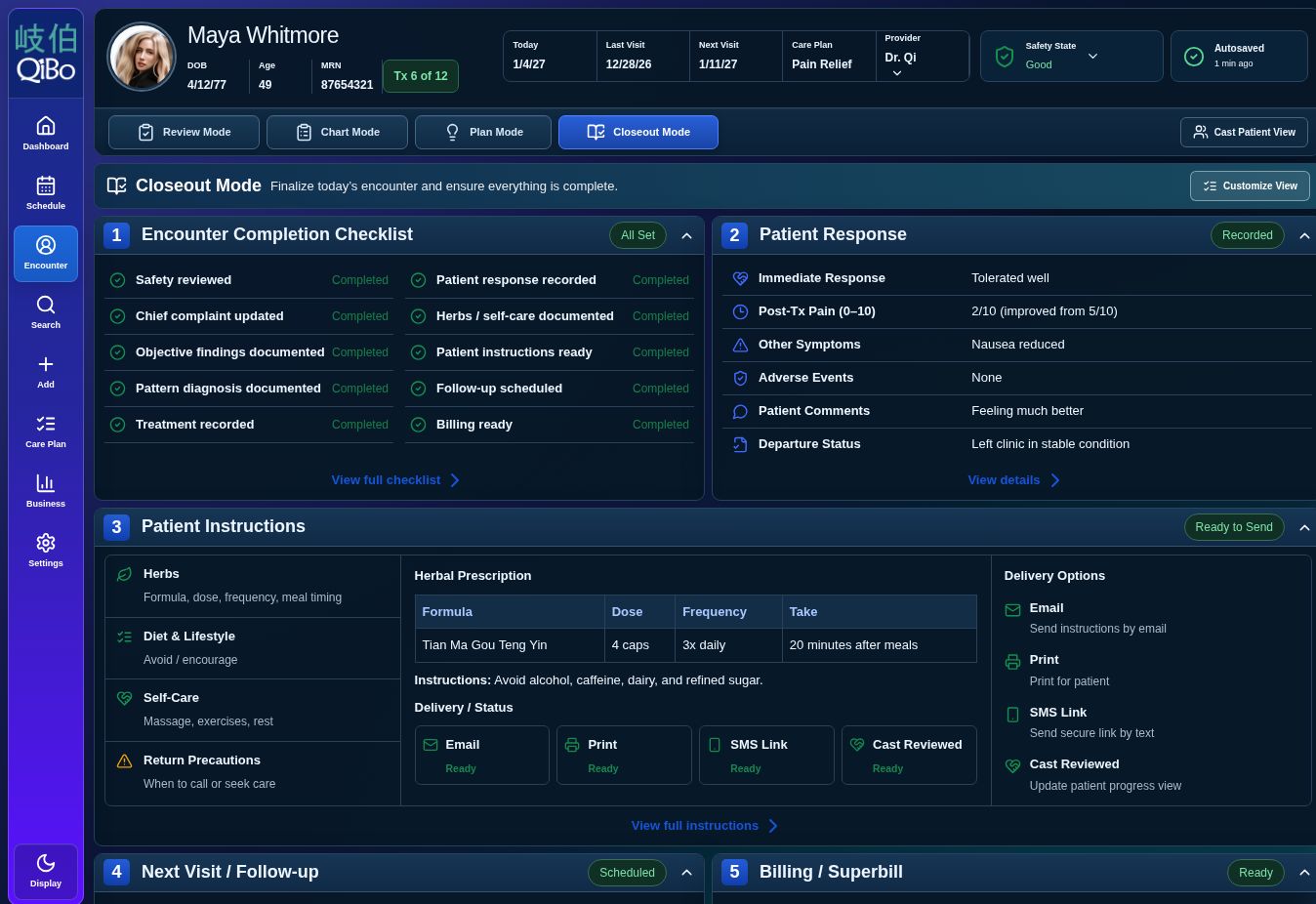 QiBo Closeout Mode interface